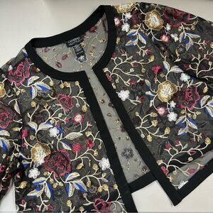 Catherines Black Label Sheer Top Embroidered Floral Print Cropped Open Cardigan
